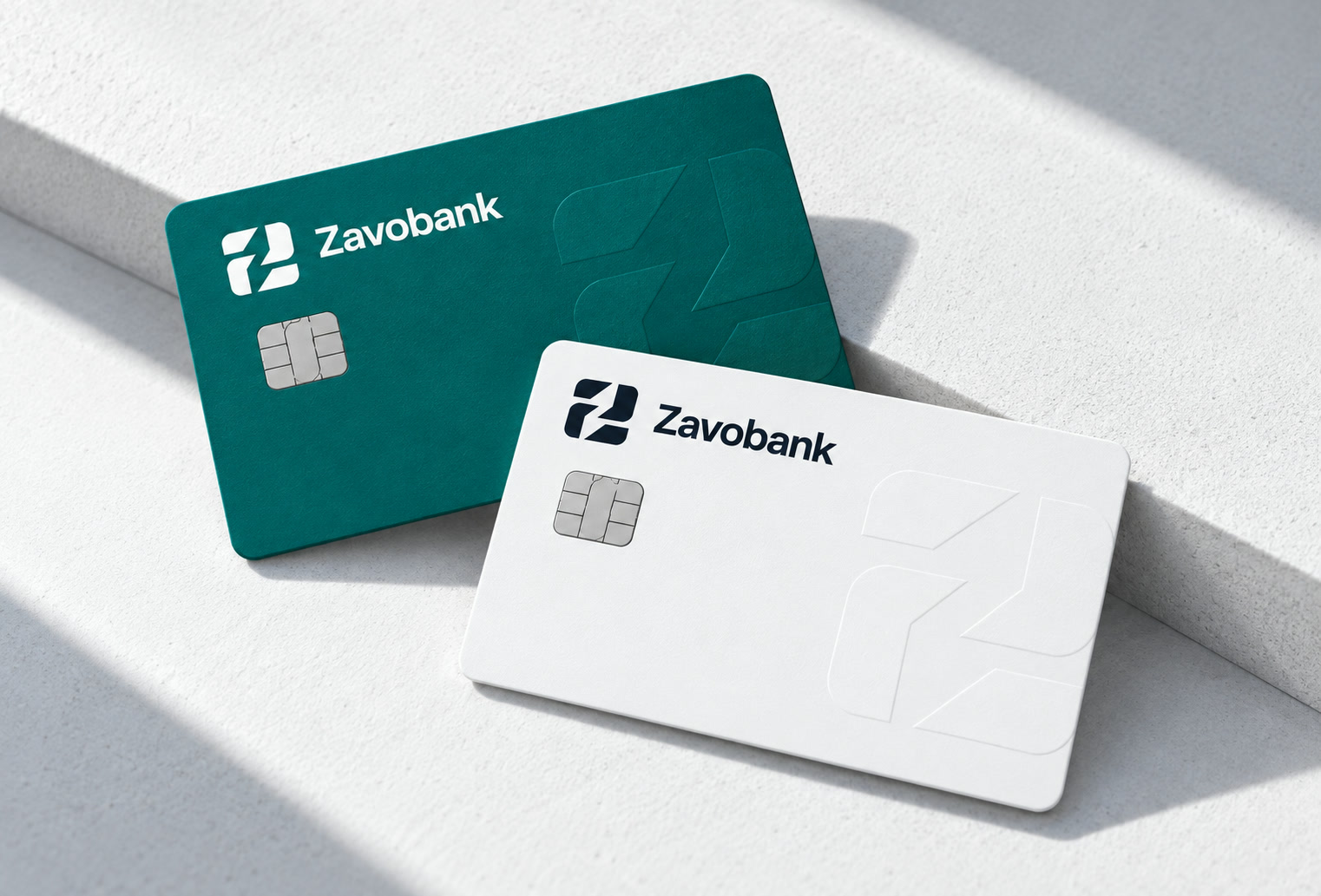 Atlantic Teal and Pure White Zavobank debit cards